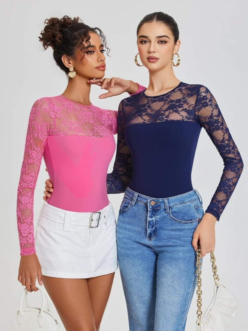 〽️ Womens Navy Blue Long Sleeve Lace Crew Neck Slimming Outfits Bodysuit Tops - Picture 6 of 6